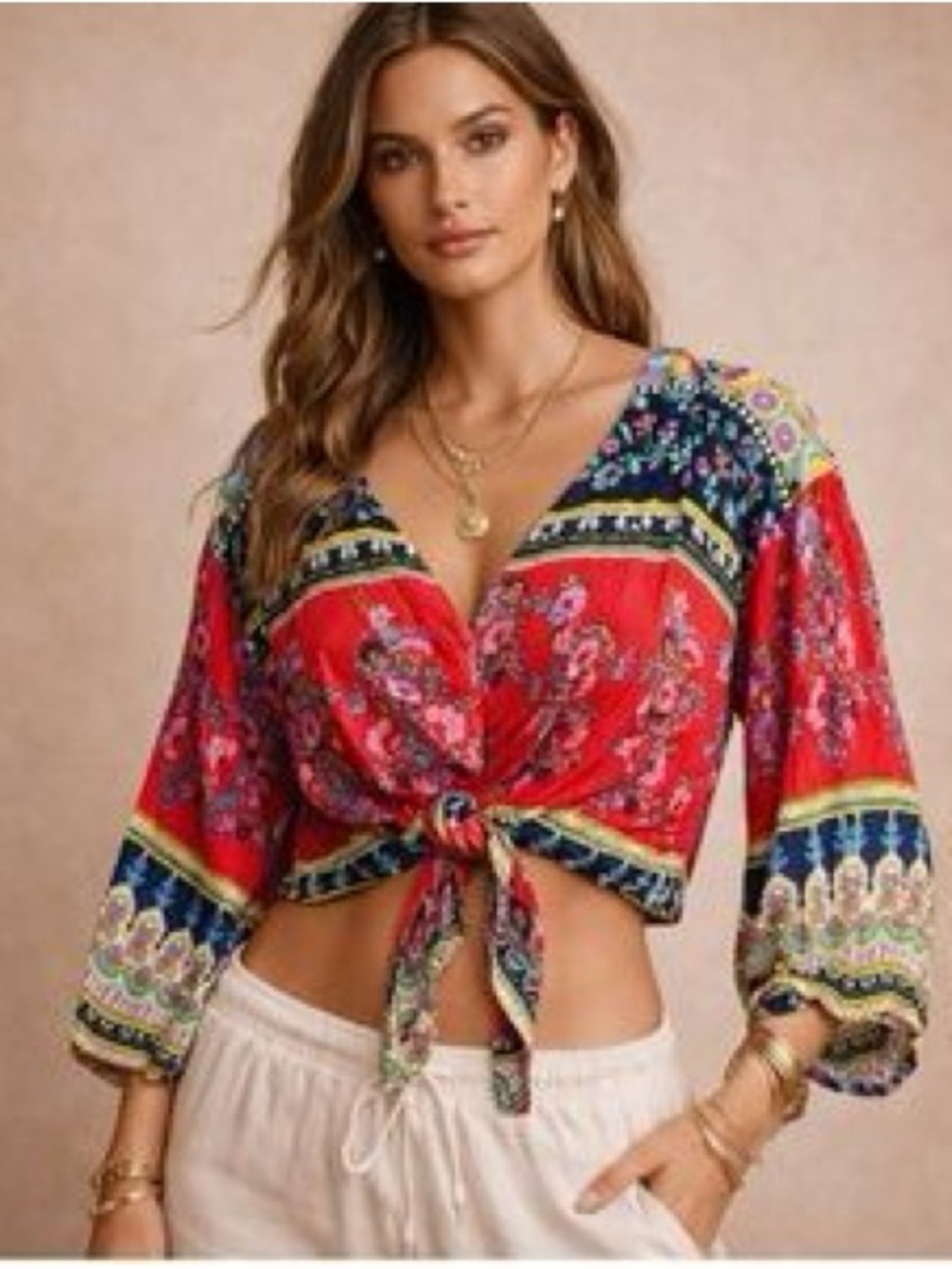 Patrons of Peace Red Floral Open Tie-Front Crop Blouse Top Gypsy Kimono Boho M